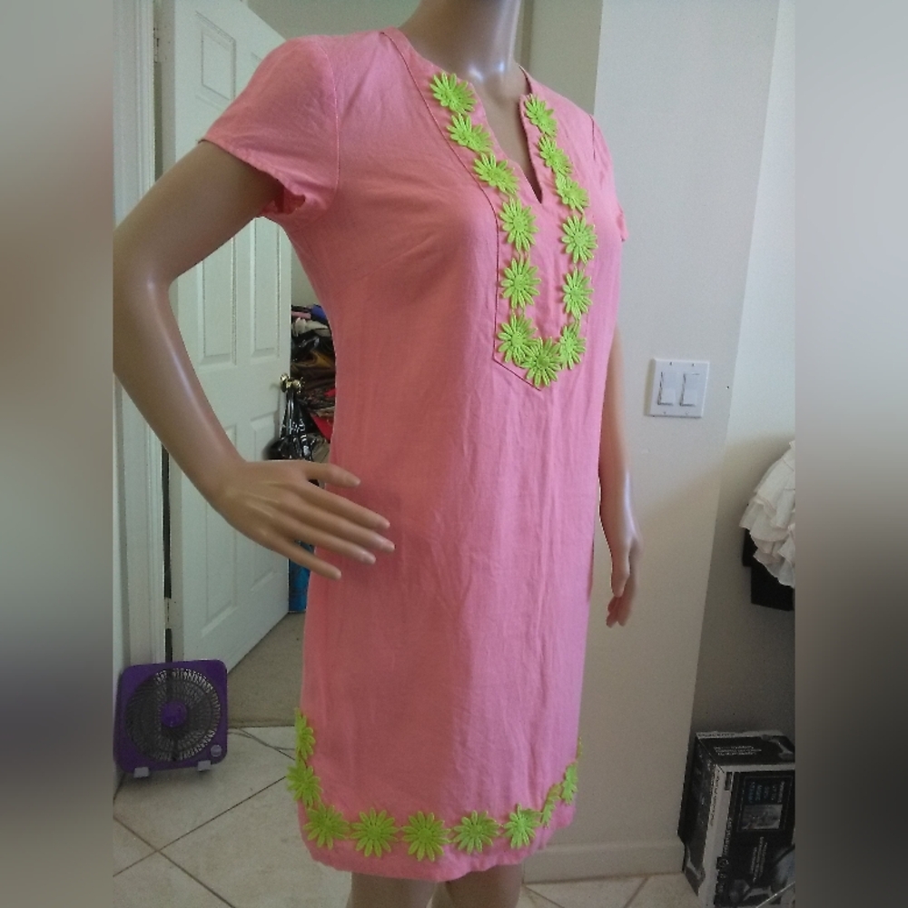 NWOT SAIL TO SABLE LINEN Pink Mini Dress Green Floral Embroidery Sz XS PTP 18-19 - Picture 3 of 8